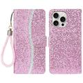 Étui portefeuille stylisé à paillettes pour iPhone 16 Pro Max - Rose