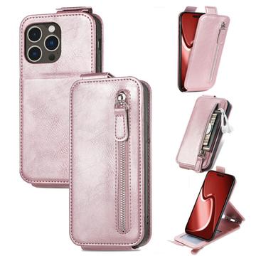 Étui à Rabat iPhone 16 Pro Max Vertical avec Poche Zippée - Rose Doré