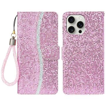 Étui portefeuille stylisé à paillettes pour iPhone 16 Pro - Rose