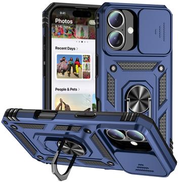 Coque Hybride iPhone 16 à Anneau Rotatif avec Protection pour Appareil Photo - Bleue