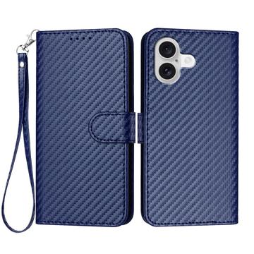 Etui portefeuille premium iPhone 17 avec sangle - Texture fibre de carbone - Bleu carbone