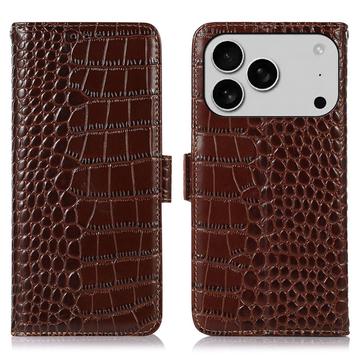 Étui Portefeuille iPhone 17 Pro en Cuir avec RFID - Série Crocodile - Marron