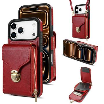 Coque tout-en-un iPhone 17 Pro Max avec portefeuille et dragonne - Rouge