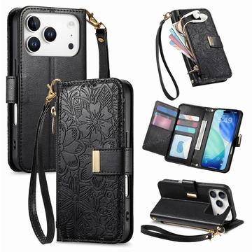 Etui iPhone 17 Pro Max à motifs floraux et de feuilles avec pochette zippée et dragonne