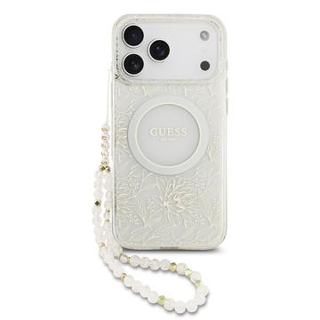 Coque iPhone 17 Pro Max Guess IML Flowers Allover avec bracelet en perles - Compatible MagSafe - Blanche