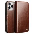 Etui Portefeuille iPhone 17 Pro en Cuir Qialino Classic - Marron Foncé