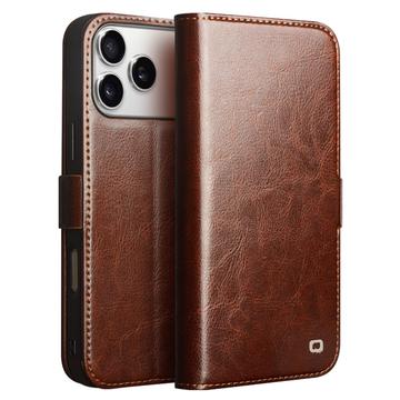 Etui Portefeuille iPhone 17 Pro en Cuir Qialino Classic - Marron Foncé