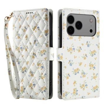Étui portefeuille iPhone 17 Pro à motif floral rhombique - Fleurs jaunes
