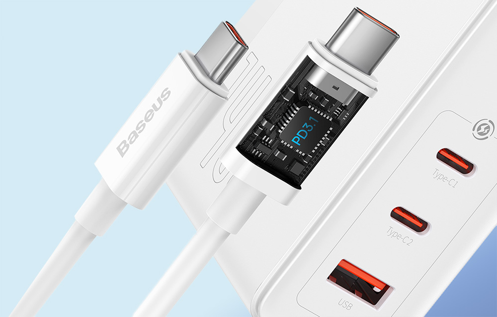 Baseus GaN5 Pro 140W Wall Charger w. USB-C Charging Cable - 2xUSB-C, USB-A - White